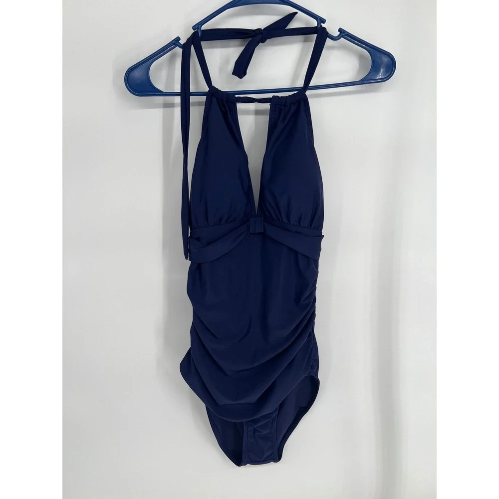 Tempt Me Womens Navy Blue Halter One Piece Swimsuit Ruched‎ V-Neck Size S